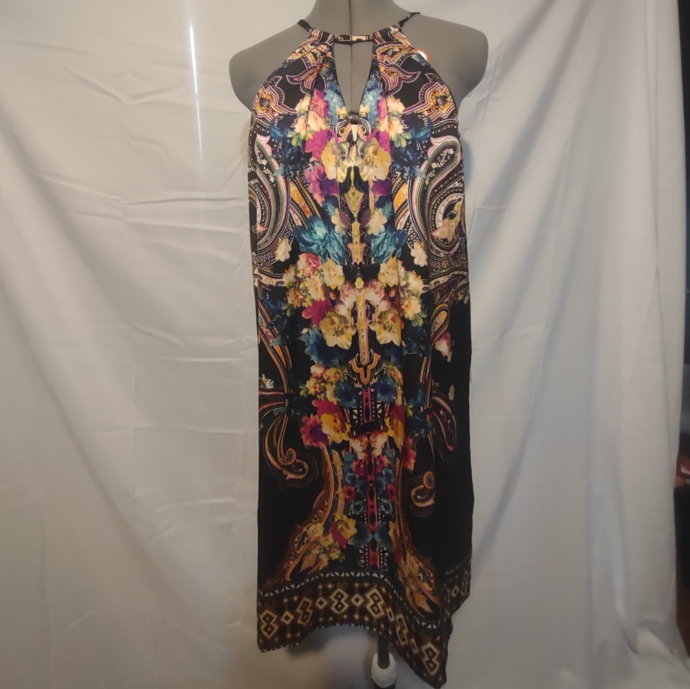 🍌 ECI Floral Halter Black Cream Blue Pink Maxi Dress Women Medium